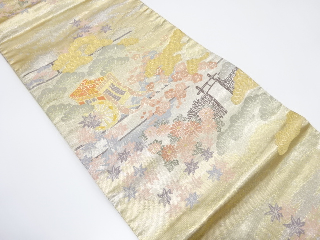 JAPANESE KIMONO / VINTAGE FUKURO OBI / SILK / WOVEN CARRIAGE & KIKU